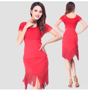 Black red fringes short sleeves women's ladies female competition stage performance latin salsa samba rumba dance dresses outfits sets